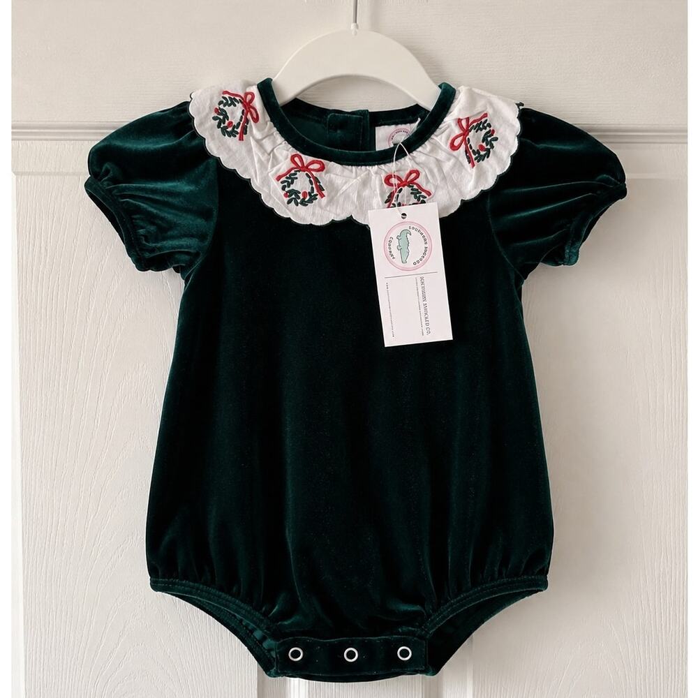 Southern Smocked Company Baby Girls Emerald Green Velvet Christmas Romper 9M NWT